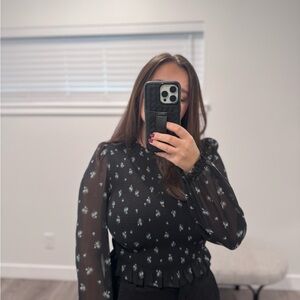Aritzia Black Floral Sheer Sleeve Top